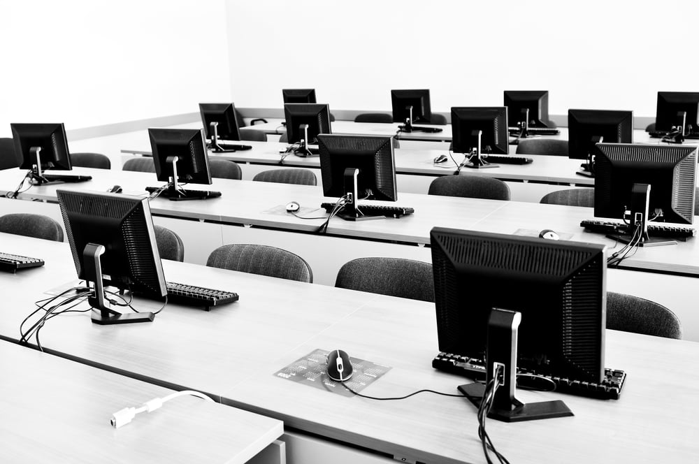 brand new computer with tft monitor in modern classroom at school